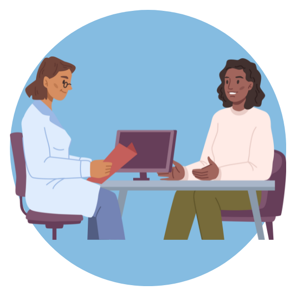 illustration qui représente une consultation pour le traitement de l'apnée du sommeil : une patiente souriante discute avec un spécialiste en sommeil, qui est assis derrière un bureau et tient des documents dans la main, avec un écran d'ordinateur en face de lui